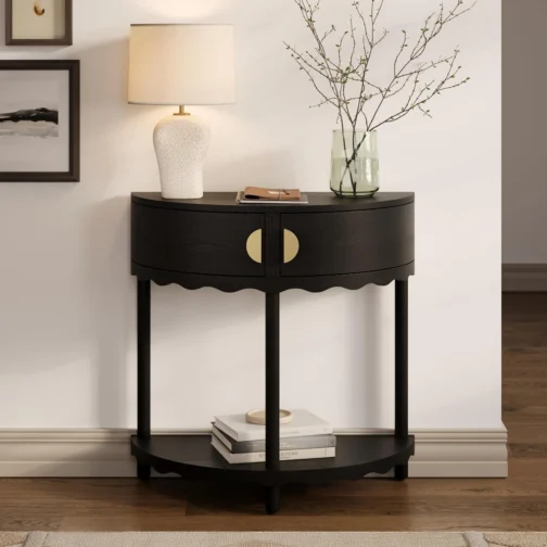 Stead Consola de meia lua com saia recortada – Mesa de entrada para corredores estreitos – Console de entrada fino com duas portas e prateleira – Carvalho enegrecido com puxadores de latão - Imagem 2