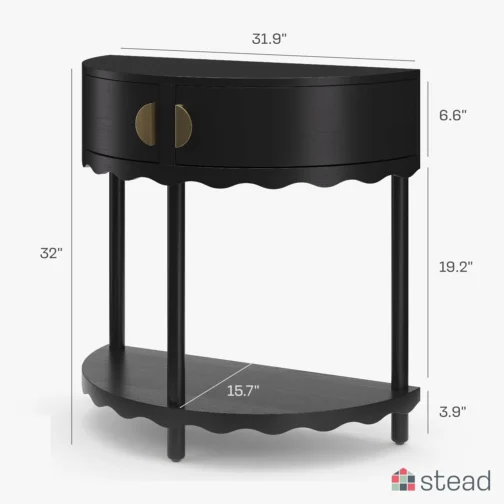 Stead Consola de meia lua com saia recortada – Mesa de entrada para corredores estreitos – Console de entrada fino com duas portas e prateleira – Carvalho enegrecido com puxadores de latão - Imagem 3