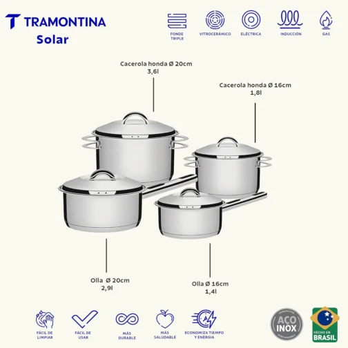 Jogo de Panelas com Fundo Triplo, Tramontina, Solar 65510760, Inox - Imagem 9