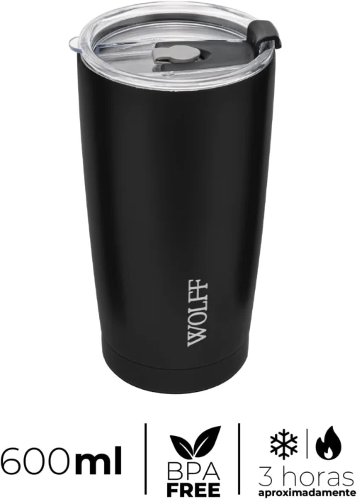 WOLFF - Copo Térmico de Aço Inox Parede Dupla Com Tampa 600ml Preto - Para Viagem - Mantém a Bebida na Temperatura Ideal - Imagem 3