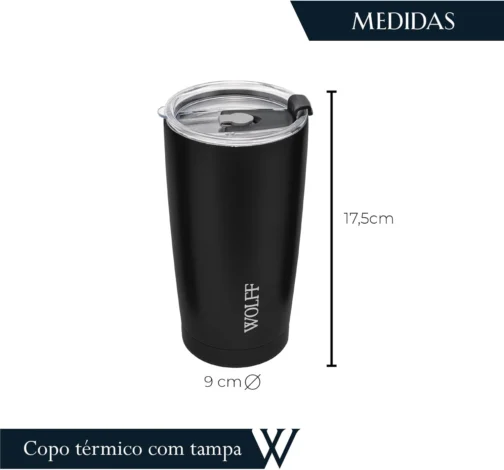 WOLFF - Copo Térmico de Aço Inox Parede Dupla Com Tampa 600ml Preto - Para Viagem - Mantém a Bebida na Temperatura Ideal - Imagem 4
