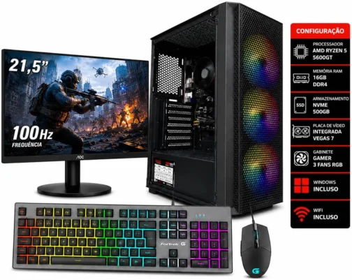 Pc Gamer Ryzen 5 5600gt 16Gb Ram Nvme 500gb Monitor 21,5 100Hz Teclado e Mouse Gamer - Imagem 2