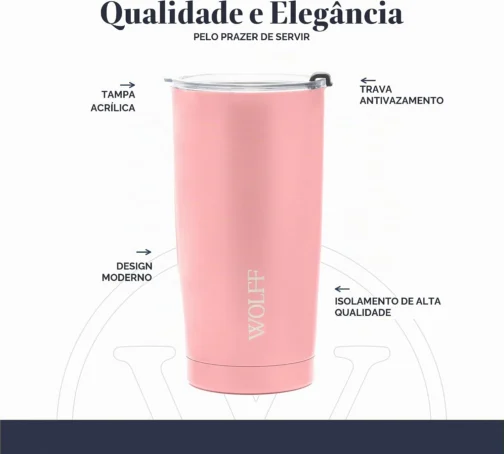 WOLFF - Copo Térmico de Aço Inox Parede Dupla Com Tampa 600ml Rosé - Para Viagem - Mantém a Bebida na Temperatura Ideal - Imagem 5