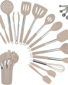 Kit 15 Utensílios De Cozinha Com Cabo De Inox e Silicone Premium (Creme)