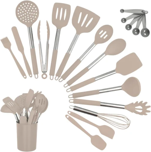 Kit 15 Utensílios De Cozinha Com Cabo De Inox e Silicone Premium (Creme) - Imagem 2