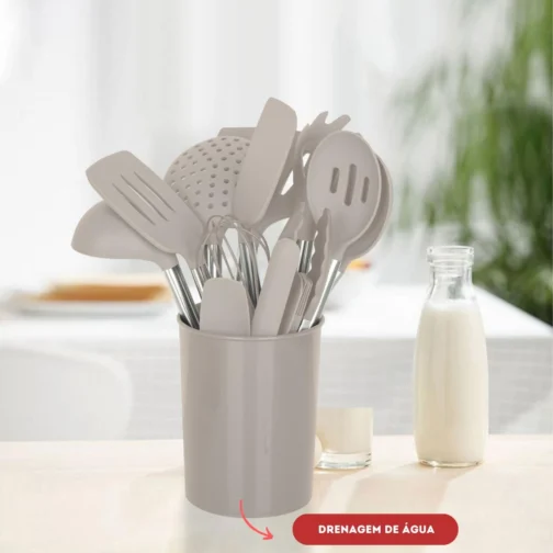 Kit 15 Utensílios De Cozinha Com Cabo De Inox e Silicone Premium (Creme) - Imagem 3