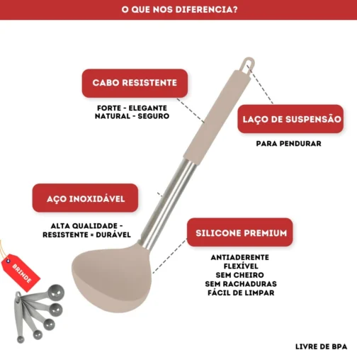 Kit 15 Utensílios De Cozinha Com Cabo De Inox e Silicone Premium (Creme) - Imagem 4
