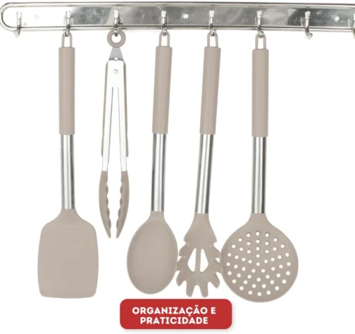 Kit 15 Utensílios De Cozinha Com Cabo De Inox e Silicone Premium (Creme) - Imagem 7