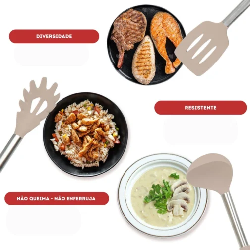 Kit 15 Utensílios De Cozinha Com Cabo De Inox e Silicone Premium (Creme) - Imagem 10