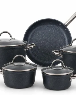 Jogo De Panelas 5 Peças Antiaderente Premium Granito Revestimento Triplo Indução Com Tampa De Vidro Frigideira Caçarolas Fogão Gás Elétrico Vitrocerâmico Preto