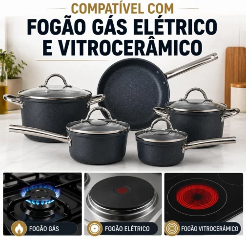 Jogo De Panelas 5 Peças Antiaderente Premium Granito Revestimento Triplo Indução Com Tampa De Vidro Frigideira Caçarolas Fogão Gás Elétrico Vitrocerâmico Preto - Imagem 4