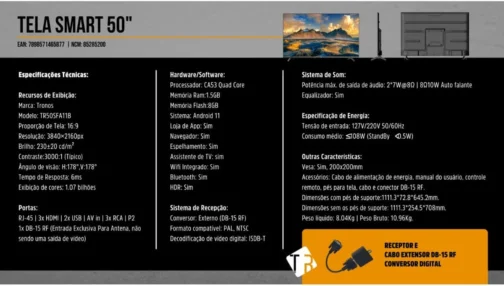 SMART TV LED 50" TRONOS ULTRA HD 4K WI-FI BLUETOOTH TR50SFA11B - Imagem 4