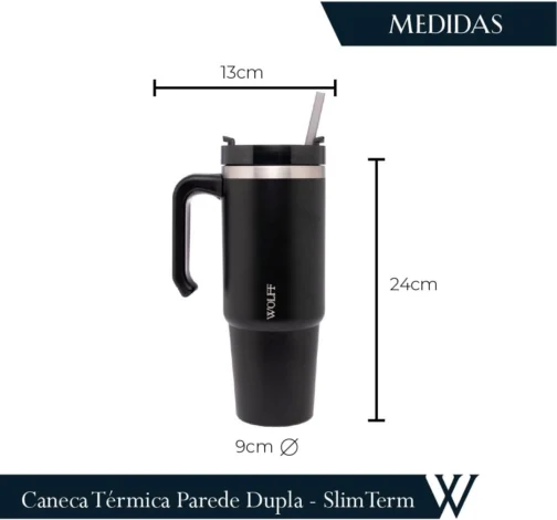 WOLFF - Caneca Térmica Parede Dupla SlimTerm com Base Ergonômica e Canudo Preta 890ml - Imagem 5