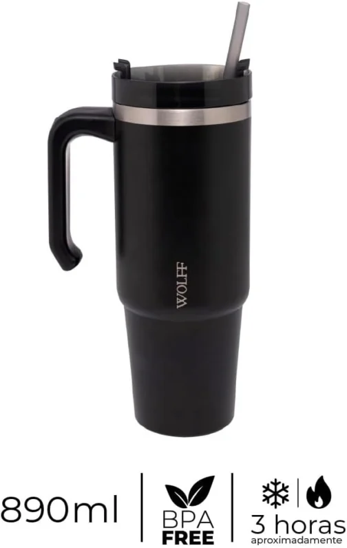WOLFF - Caneca Térmica Parede Dupla SlimTerm com Base Ergonômica e Canudo Preta 890ml - Imagem 8