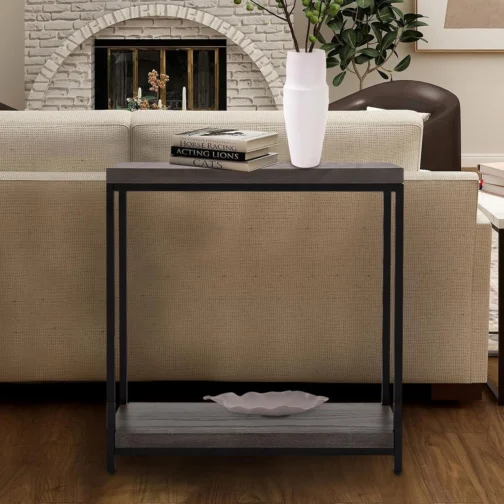 Howard Elliott Collection Mesa de console Kenton, topo de madeira retangular com base de metal preto, mesa moderna com detalhes estreitos para entrada, corredor ou sala de estar, 70 cm A x 76 cm L x - Imagem 3