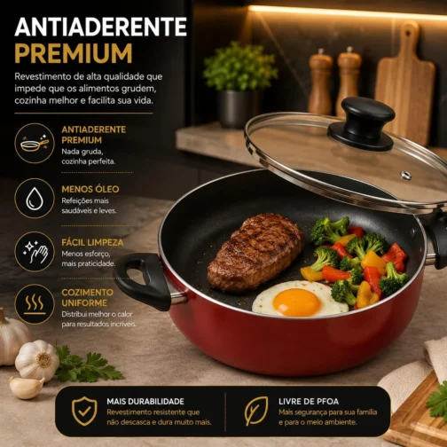 Kit Panelas Antiaderentes 5 Peças com Tampas de Vidro + Kit de Utensílios de Nylon – Revestimento Antiaderente, Cabos Ergonômicos, Cozinha Moderna, Fácil Limpeza (Cereja) - Imagem 3
