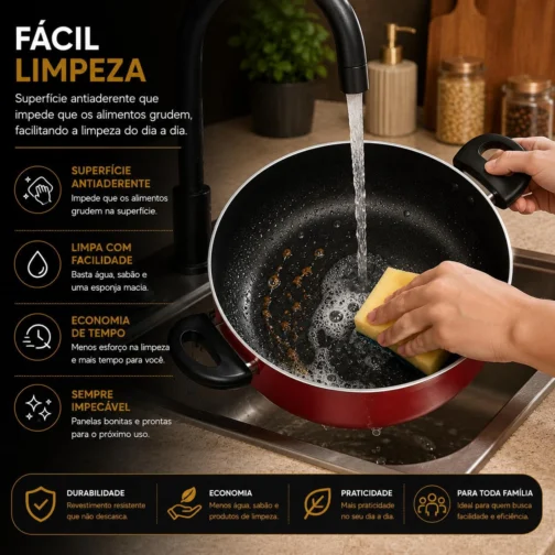 Kit Panelas Antiaderentes 5 Peças com Tampas de Vidro + Kit de Utensílios de Nylon – Revestimento Antiaderente, Cabos Ergonômicos, Cozinha Moderna, Fácil Limpeza (Cereja) - Imagem 5