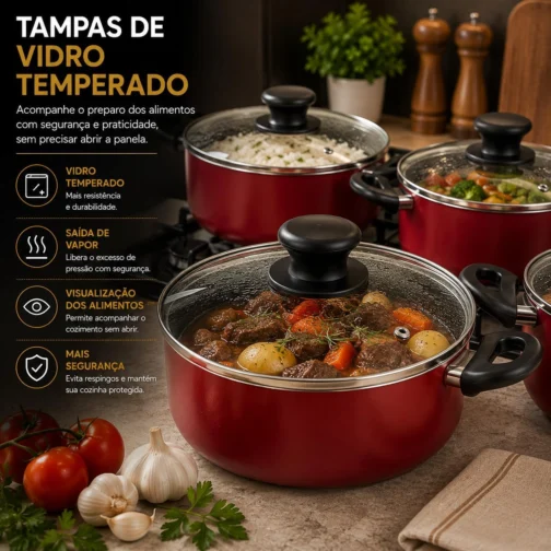 Kit Panelas Antiaderentes 5 Peças com Tampas de Vidro + Kit de Utensílios de Nylon – Revestimento Antiaderente, Cabos Ergonômicos, Cozinha Moderna, Fácil Limpeza (Cereja) - Imagem 8