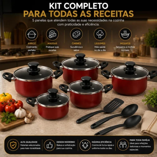 Kit Panelas Antiaderentes 5 Peças com Tampas de Vidro + Kit de Utensílios de Nylon – Revestimento Antiaderente, Cabos Ergonômicos, Cozinha Moderna, Fácil Limpeza (Cereja) - Imagem 9