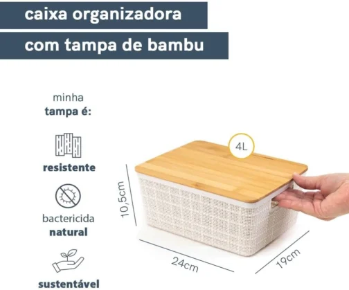 Oikos - Caixa Organizadora 4L com Tampa de Bambu Branca - Imagem 4