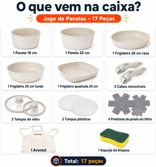 Jogo de Panelas Antiaderente 17 Peças com Cabo Removível, Conjunto de Alumínio com Revestimento em Cerâmica com Nano Revestimento de Granito, Frigideiras, Tampas e Acessórios - Imagem 3