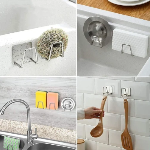 Kit com 3 Suportes para Esponja e Sabonete em Aço Inoxidável, Gancho Adesivo para Pia de Cozinha, Organização Prática e Resistente à Umidade – Qualidade Premium LNMAX® - Imagem 3