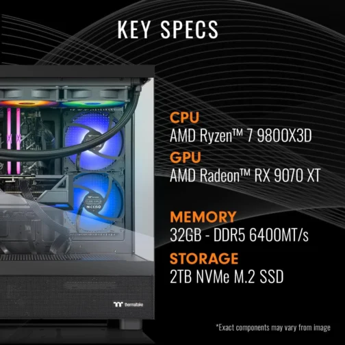 Thermaltake LCGS View 9897X-270 Desktop para jogos (AMD Ryzen™ 7 9800X3D, 32GB 6400MT/s DDR5 RGB Memory, AMD Radeon™ RX 9070 XT, 2TB NVMe M.2, WiFi, Windows 11) V27B-B850-97X-LCS - Imagem 3