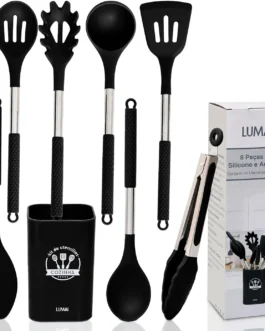 LUMAI Kit Utensílios de Cozinha Inox e Silicone 8 Peças com Suporte – Preto