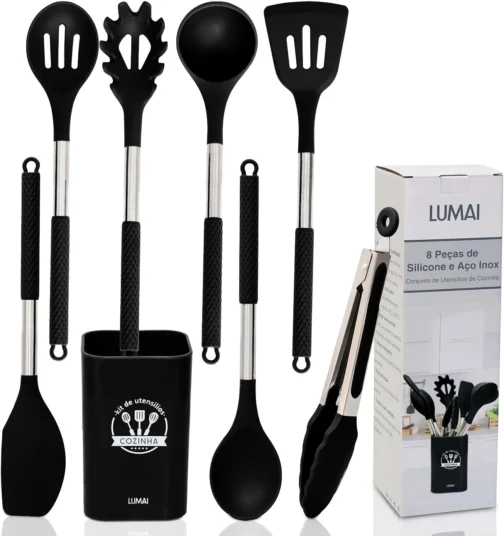 LUMAI Kit Utensílios de Cozinha Inox e Silicone 8 Peças com Suporte - Preto - Imagem 2