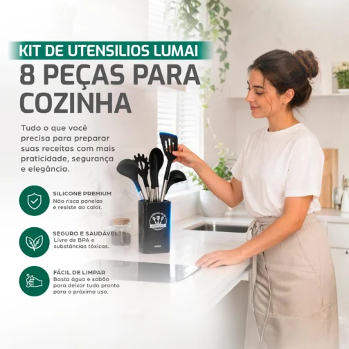 LUMAI Kit Utensílios de Cozinha Inox e Silicone 8 Peças com Suporte - Preto - Imagem 3