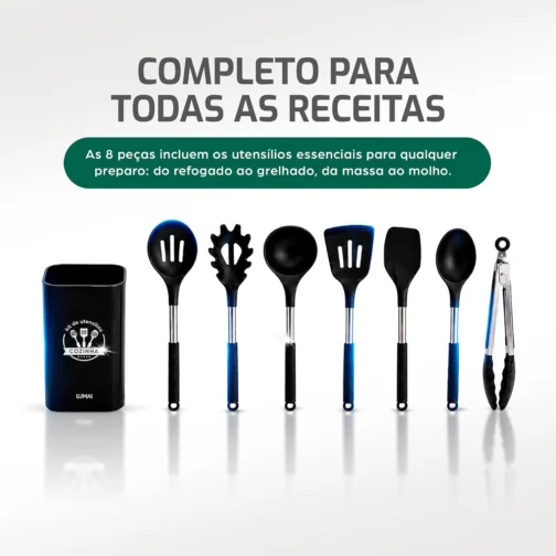 LUMAI Kit Utensílios de Cozinha Inox e Silicone 8 Peças com Suporte - Preto - Imagem 4