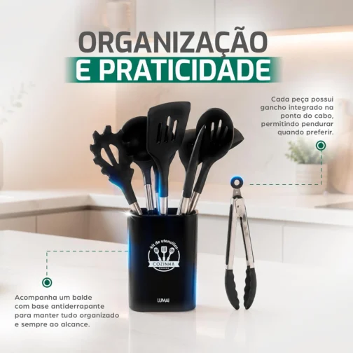 LUMAI Kit Utensílios de Cozinha Inox e Silicone 8 Peças com Suporte - Preto - Imagem 5