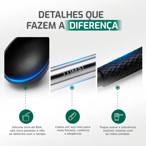 LUMAI Kit Utensílios de Cozinha Inox e Silicone 8 Peças com Suporte - Preto - Imagem 7