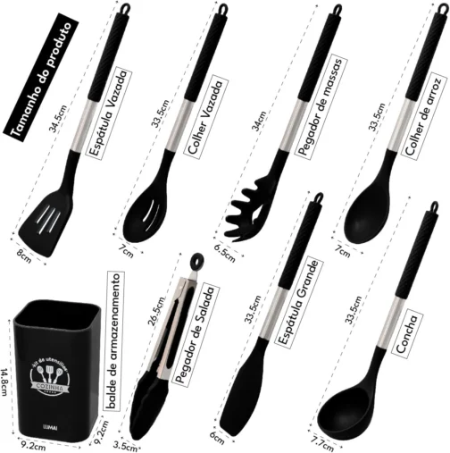 LUMAI Kit Utensílios de Cozinha Inox e Silicone 8 Peças com Suporte - Preto - Imagem 8