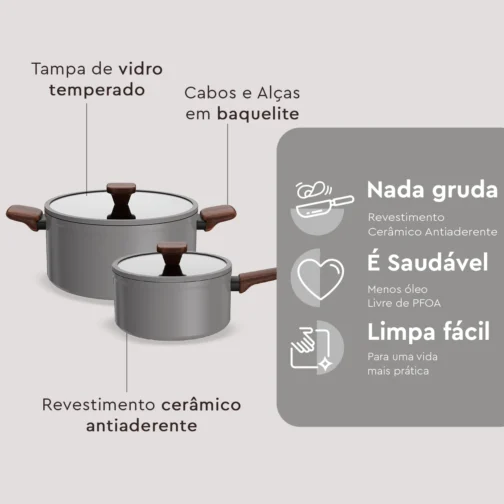 Conjunto de Panelas Brinox Ceramic Life Nox 5 Peças Cinza - Imagem 5