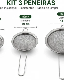 Conjunto de Peneiras em Aço Inox, 3 Peças, Coador para Cozinha