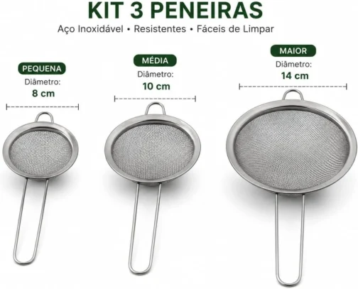 Conjunto de Peneiras em Aço Inox, 3 Peças, Coador para Cozinha - Imagem 2