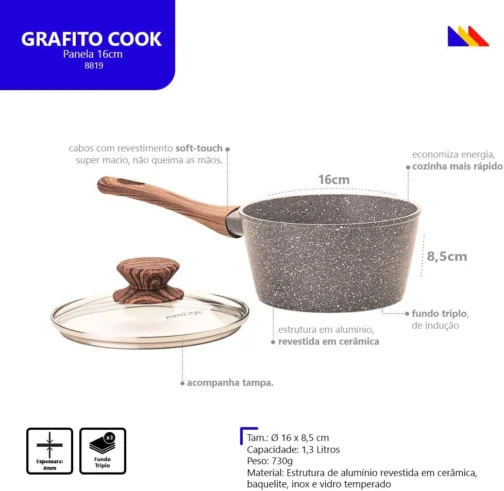 Mimo Style Panela Grafito Cook 16cm/1,3L - Estrutura em Alumínio, Revestimento Cerâmico. Tampa de Vidro Temperado. Alças e Cabos Soft-Touch. Fogão a Gás, Elétrico, Vitrocerâmico e Sistema de Indução - Imagem 8