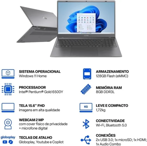Notebook Multi Ultra 15.6" Full HD Intel Pentium Gold 6500Y 8GB RAM 128GB eMMC Windows 11 Home Copilot Câmera 2MP - UB366 - Imagem 3