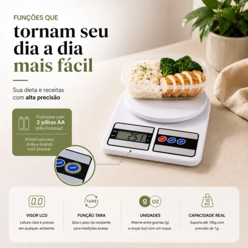 Balança de Cozinha Digital 10kg Precisão 1g Função Tara, Display LCD, Múltiplas Unidades, Plataforma Antiderrapante, Design Compacto para Alimentos, Dieta, Confeitaria e Receitas Premium - Imagem 4