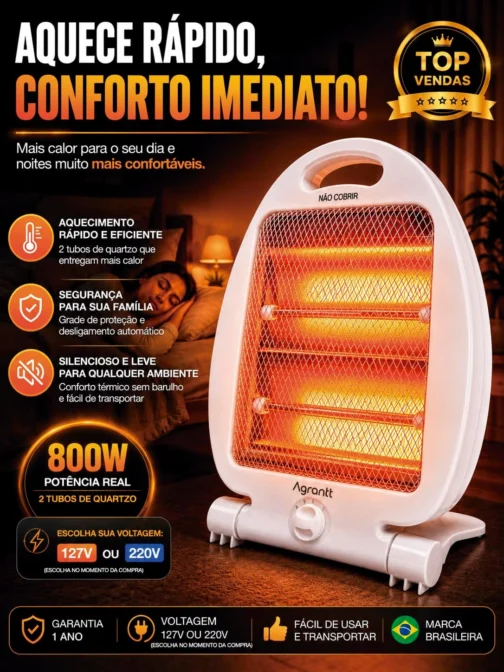 Aquecedor Elétrico Doméstico Quartzo AGT-QTZ01 400/800w Agrantt C/Alça Para Quarto Sala Escritório (220, Volts) - Imagem 4
