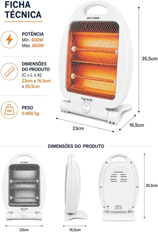 Aquecedor Elétrico Doméstico Quartzo AGT-QTZ01 400/800w Agrantt C/Alça Para Quarto Sala Escritório (220, Volts) - Imagem 5