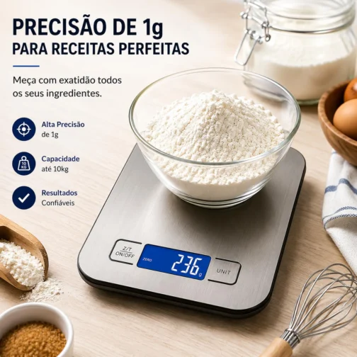 Balança Digital de Cozinha em Inox 10kg com Precisão de 1g | Acompanha Pilhas | Função Tara, Display LCD, Base Antiderrapante, Portátil e Fácil de Limpar - Imagem 3