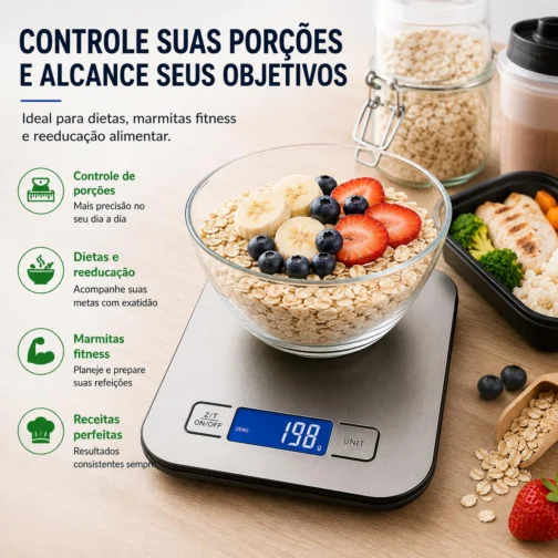 Balança Digital de Cozinha em Inox 10kg com Precisão de 1g | Acompanha Pilhas | Função Tara, Display LCD, Base Antiderrapante, Portátil e Fácil de Limpar - Imagem 4