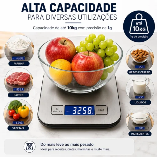 Balança Digital de Cozinha em Inox 10kg com Precisão de 1g | Acompanha Pilhas | Função Tara, Display LCD, Base Antiderrapante, Portátil e Fácil de Limpar - Imagem 6