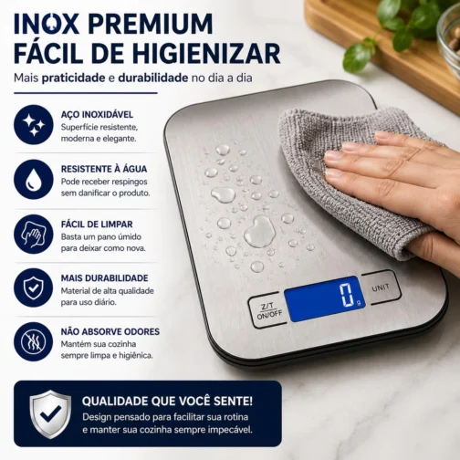 Balança Digital de Cozinha em Inox 10kg com Precisão de 1g | Acompanha Pilhas | Função Tara, Display LCD, Base Antiderrapante, Portátil e Fácil de Limpar - Imagem 7