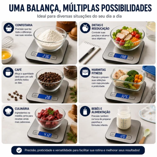 Balança Digital de Cozinha em Inox 10kg com Precisão de 1g | Acompanha Pilhas | Função Tara, Display LCD, Base Antiderrapante, Portátil e Fácil de Limpar - Imagem 8