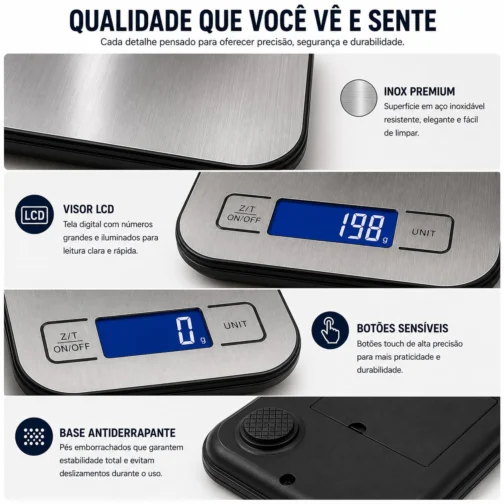 Balança Digital de Cozinha em Inox 10kg com Precisão de 1g | Acompanha Pilhas | Função Tara, Display LCD, Base Antiderrapante, Portátil e Fácil de Limpar - Imagem 9