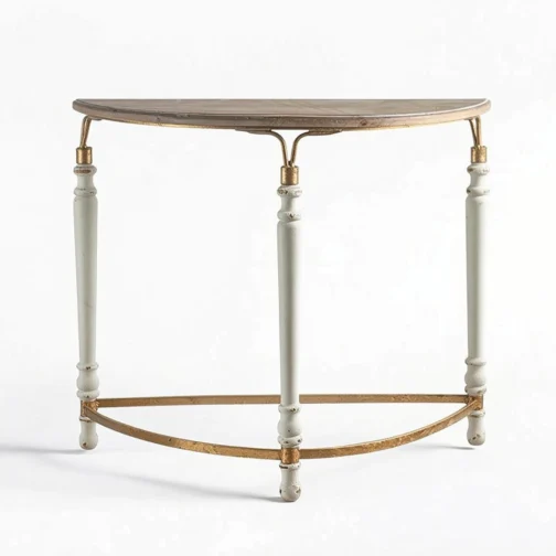 Mesa de console composta, semicircular, com design que se ajusta à parede, de madeira que economiza espaço, pés torneados refinados, estrutura curva, A2388-Branco Vintage - Imagem 2