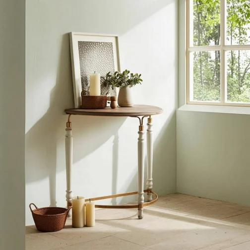 Mesa de console composta, semicircular, com design que se ajusta à parede, de madeira que economiza espaço, pés torneados refinados, estrutura curva, A2388-Branco Vintage - Imagem 3